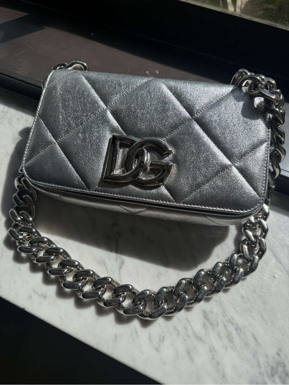 Tags & card - Dolce & Gabbana Silver Quilted Leather Shoulder Bag with Chain